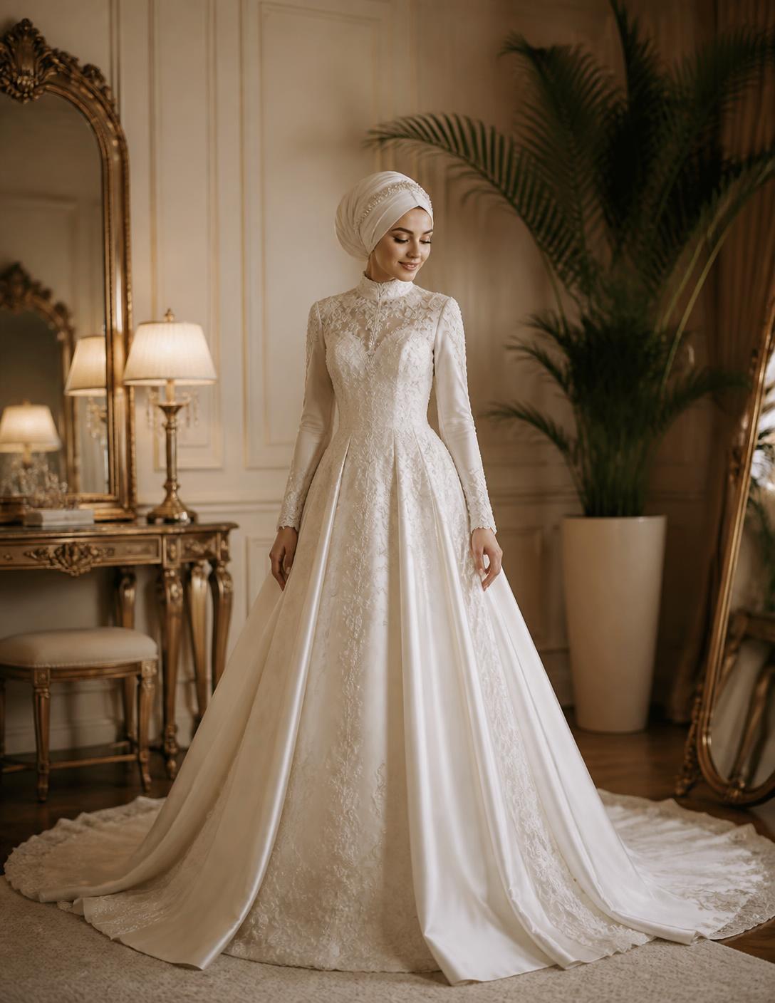 Dantel işlemeli ivory gelinlik giyen gelin, Selma Kırbaş Moda Evi atölyesinde
